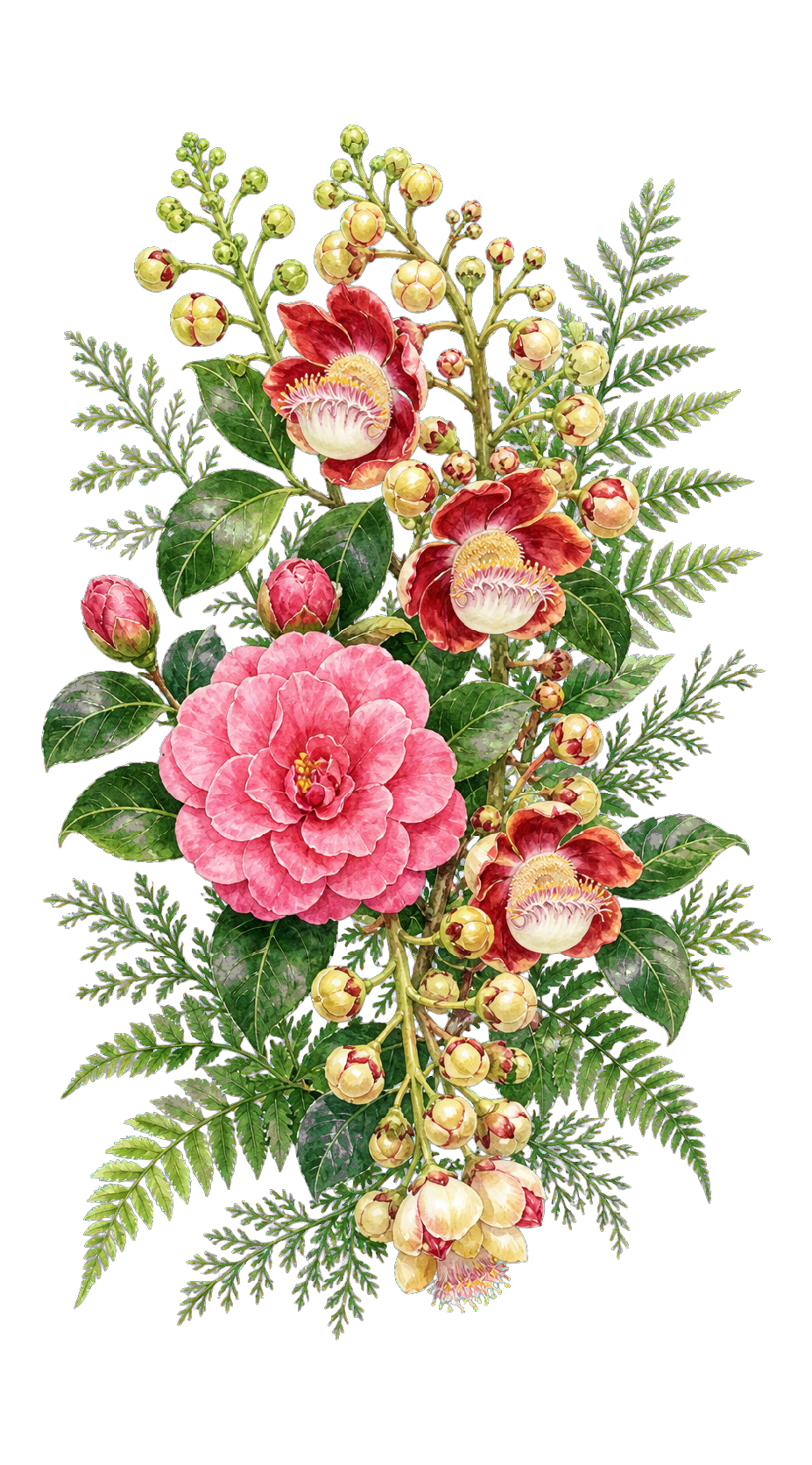 Watercolor botanical garden flowers and ferns