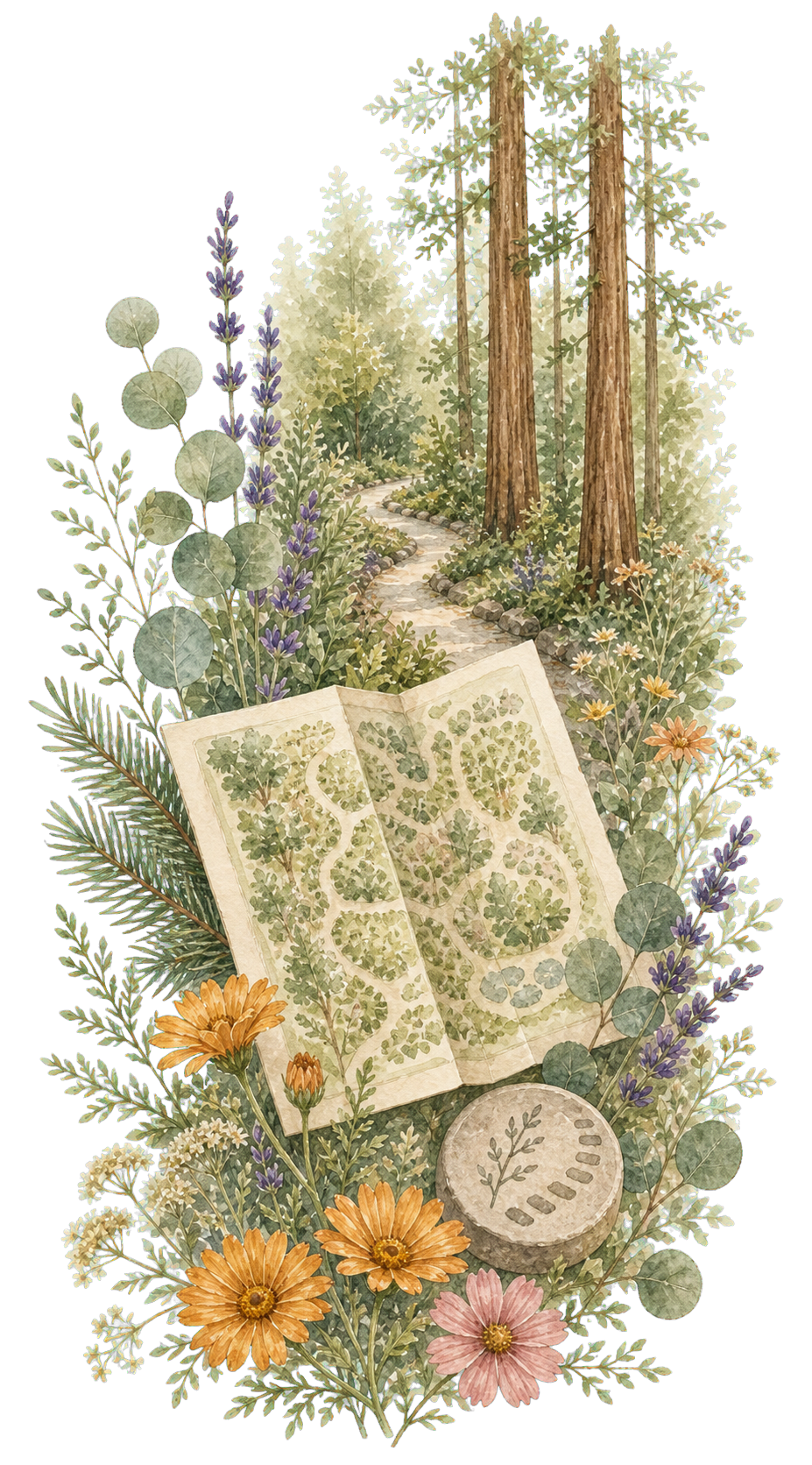 Watercolor botanical garden map with redwood needles and flowers