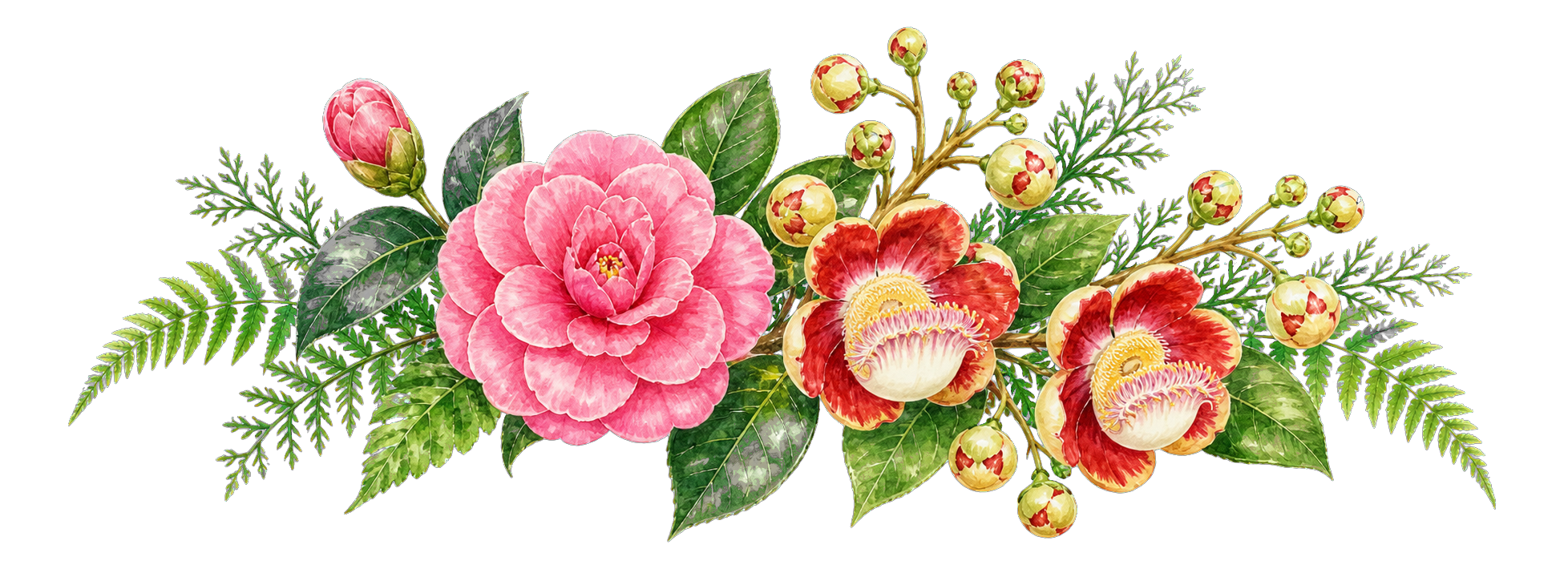 Watercolor botanical garden flowers and ferns