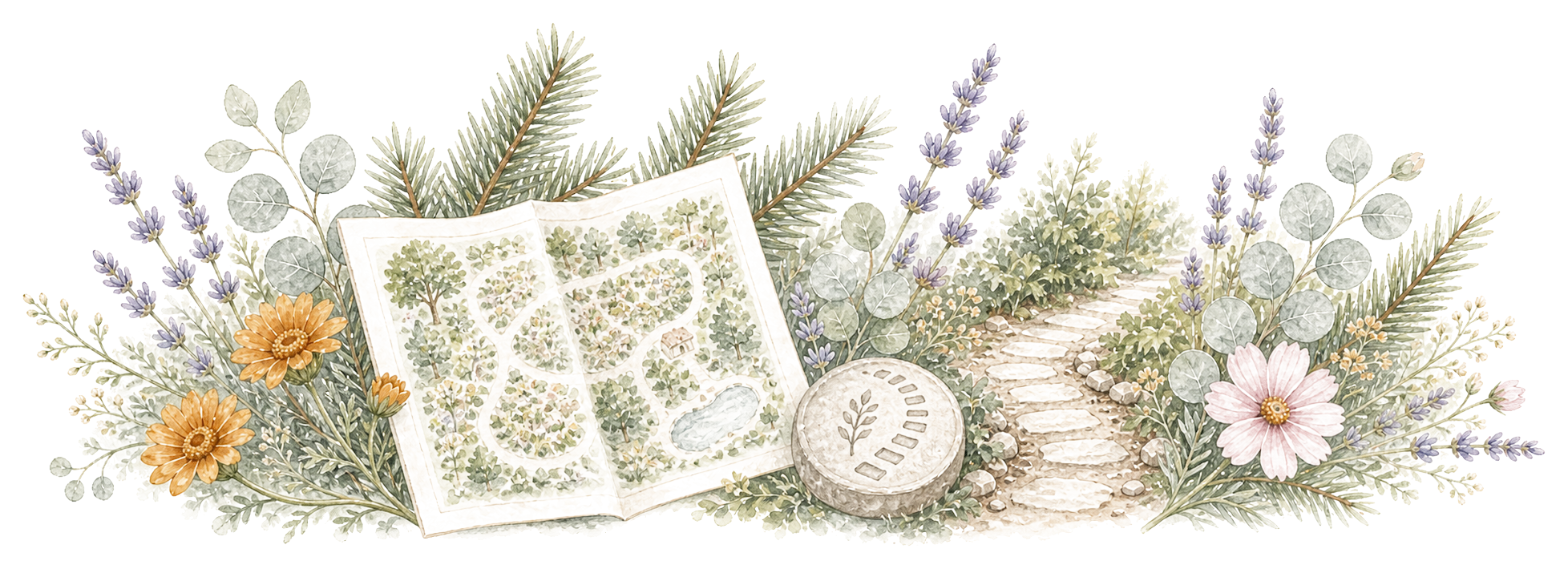 Watercolor botanical garden map with redwood needles and flowers