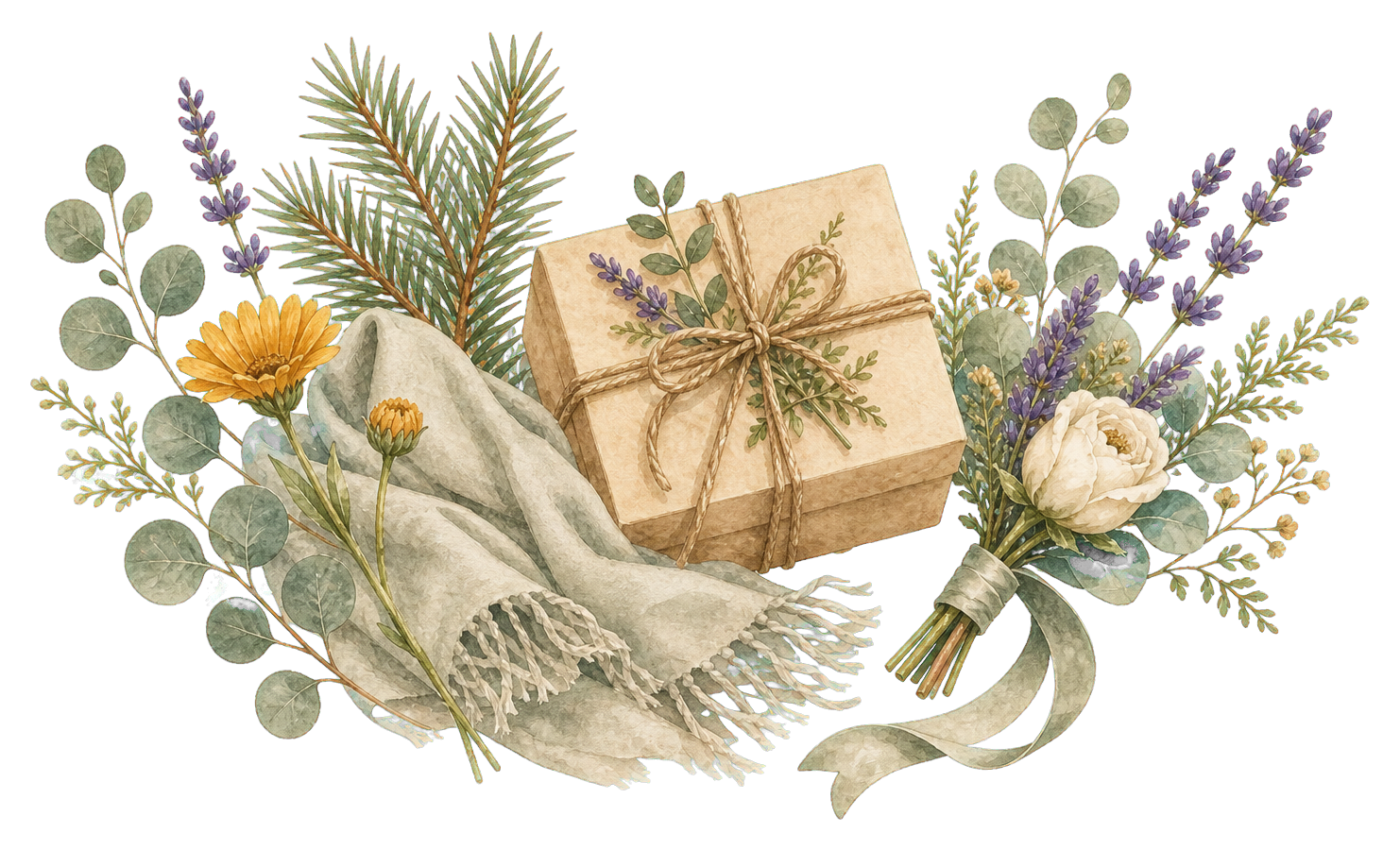 Watercolor gift, attire ribbon, shawl, and flowers