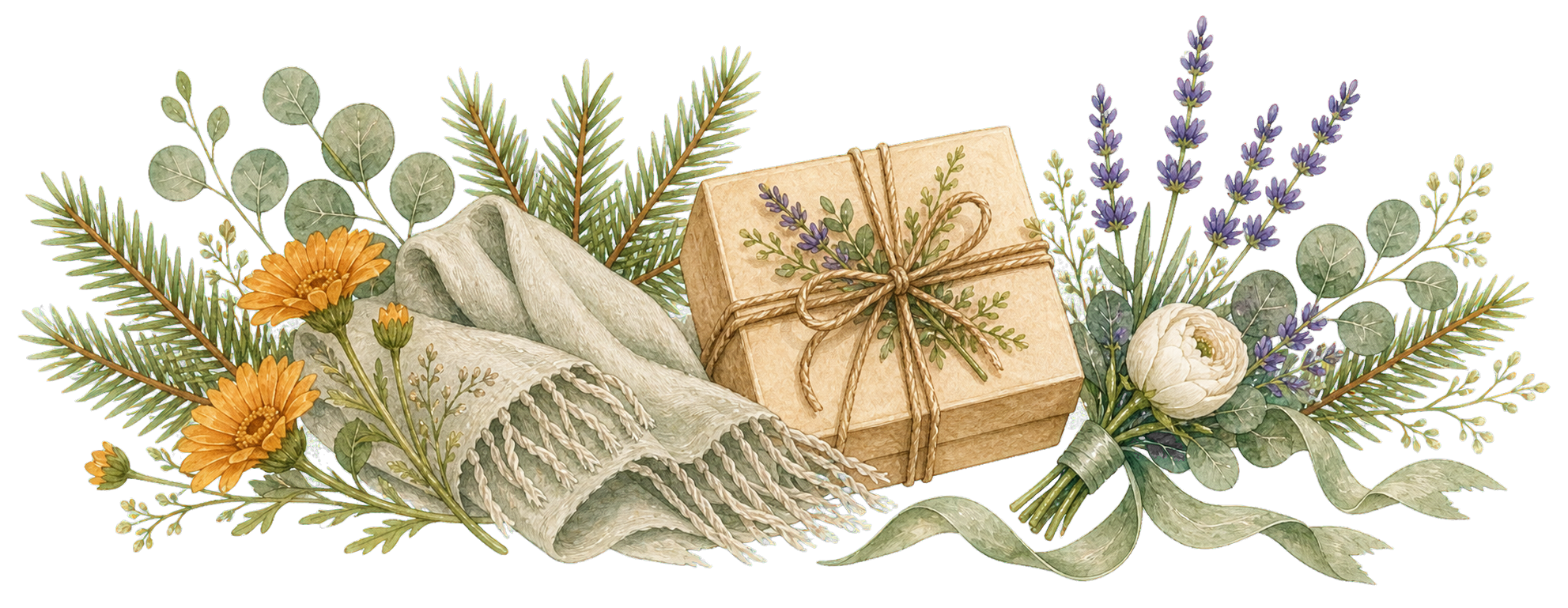 Watercolor gift, attire ribbon, shawl, and flowers