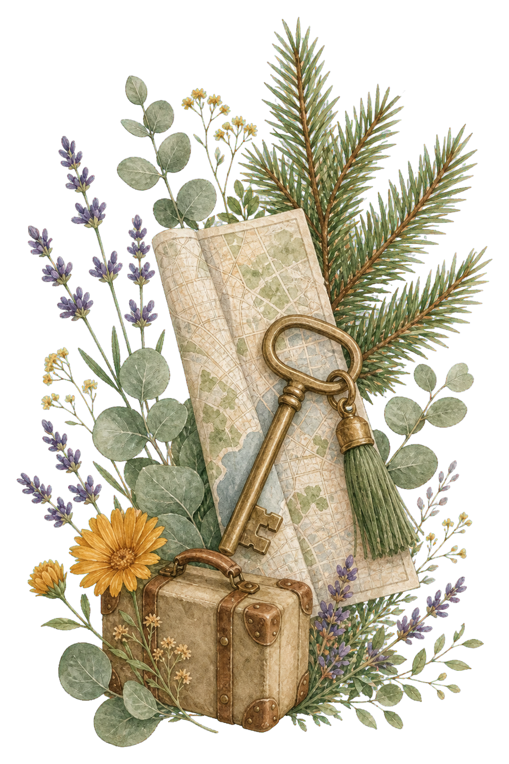 Watercolor hotel key, suitcase, map, and flowers