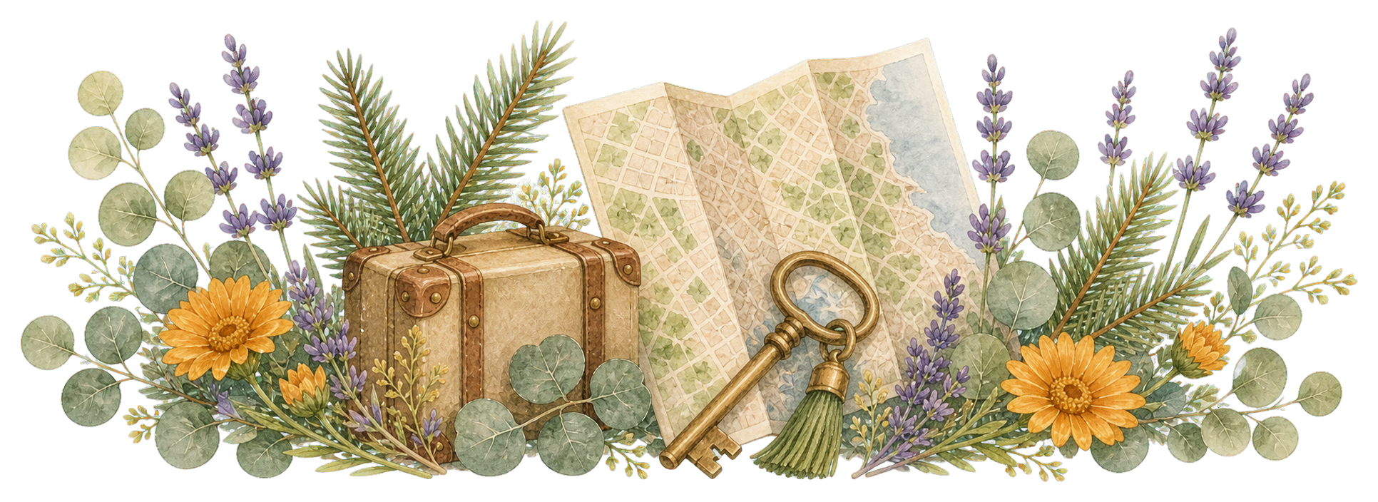 Watercolor hotel key, suitcase, map, and flowers