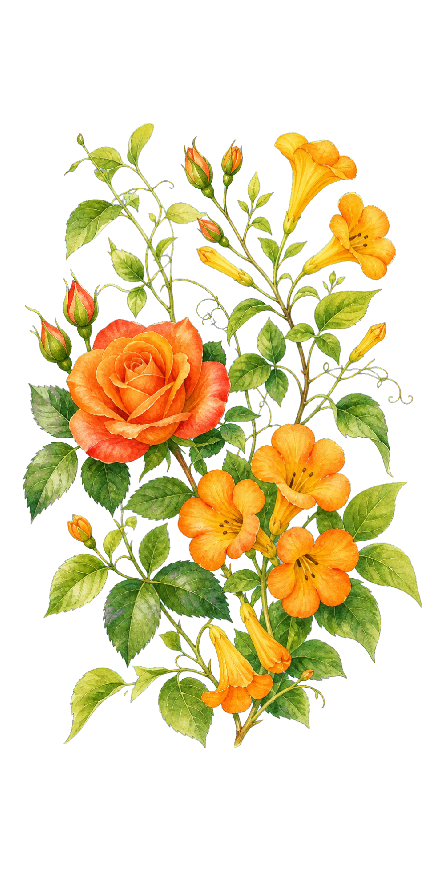 Watercolor orange rose and trumpet flowers