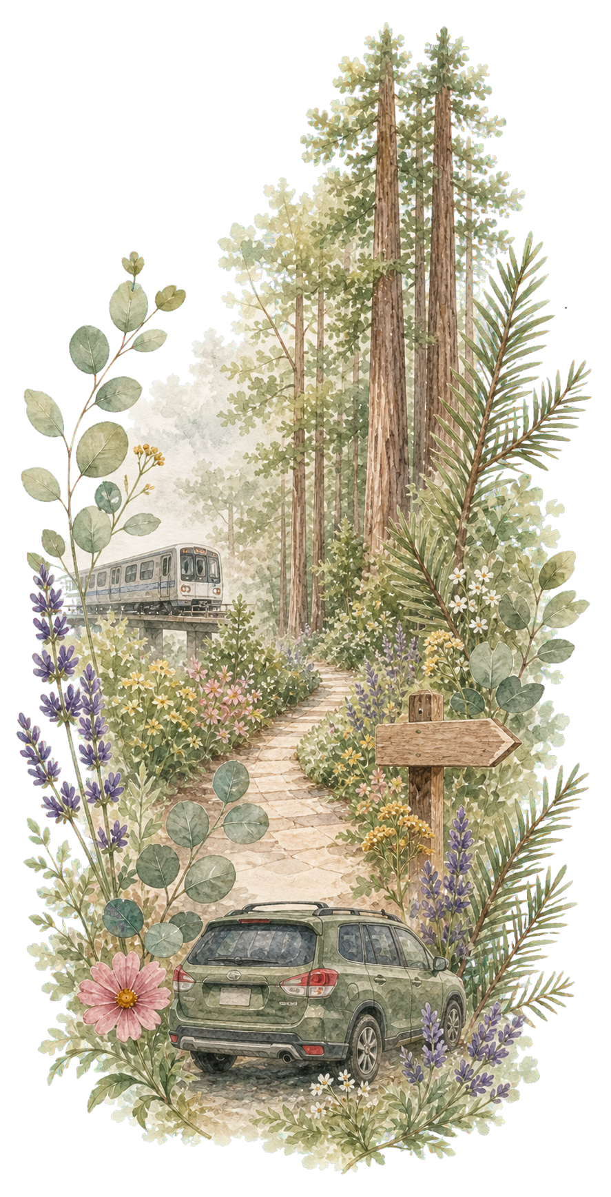 Watercolor garden path, car, transit, and flowers