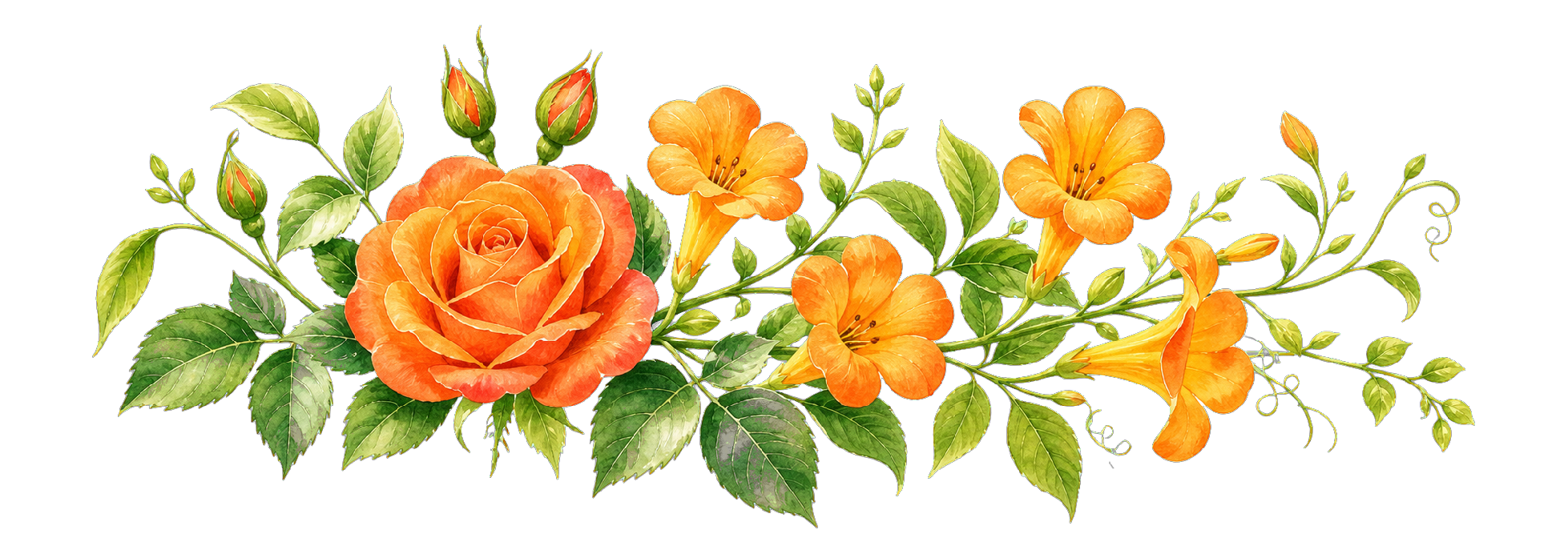Watercolor orange rose and trumpet flowers
