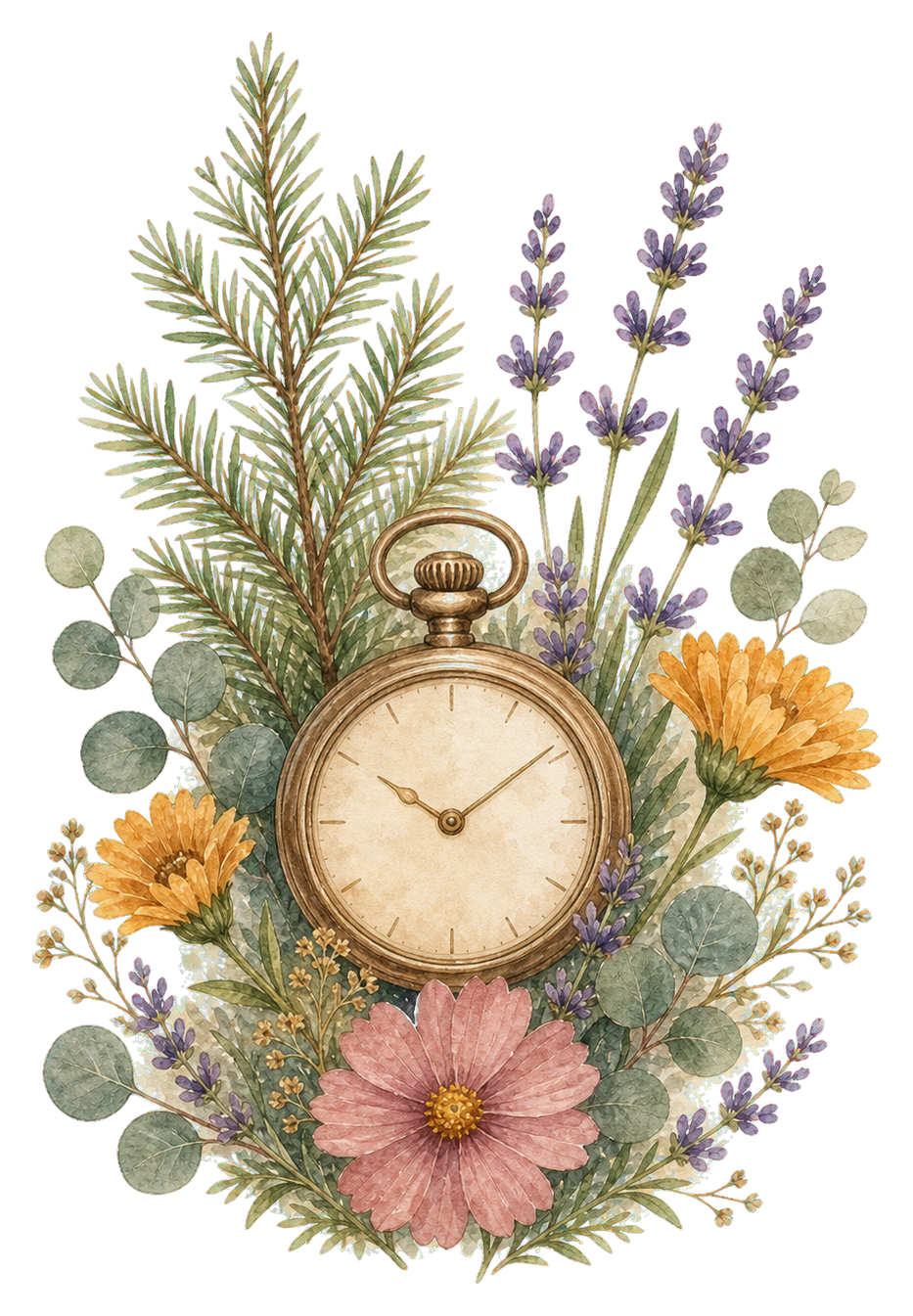 Watercolor pocket watch with redwood leaves and flowers