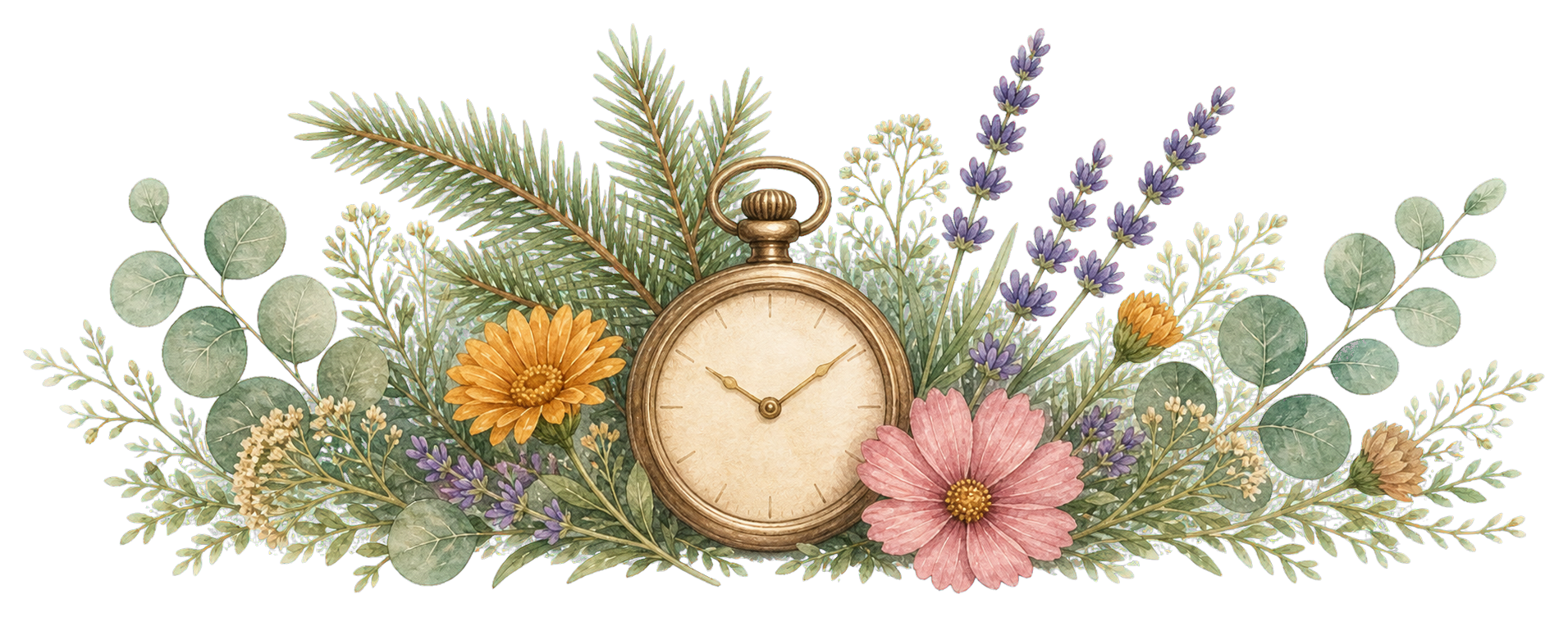 Watercolor pocket watch with redwood leaves and flowers
